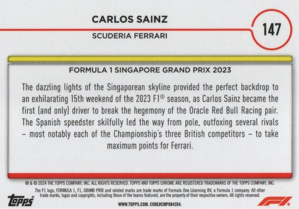 Topps Chrome Formula 1 2024 Carlos Sainz Grand Prix Winner Singapore 2023 Card