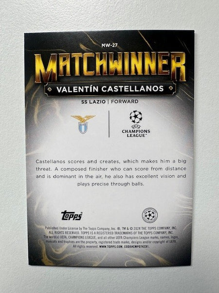 Topps Superstars 2024 23/24 Valentin Castellanos Matchwinner Lazio Card MW-27