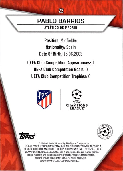 Topps Superstars 2024 23/24 Pablo Barrios Atletico Madrid Uncommon Card #22