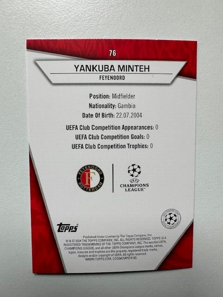 Topps Superstars 2024 Yankuba Minteh Molten Rare RC Feyenoord Card #76