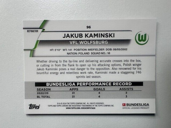 Topps Chrome Bundesliga 2023/24 Jakub Kaminski VFL Wolfsburg Card No 96