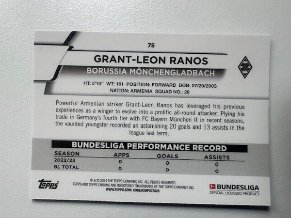 Topps Chrome Bundesliga 2023/24 Grant-Leon Ranos Borussia Card No 75