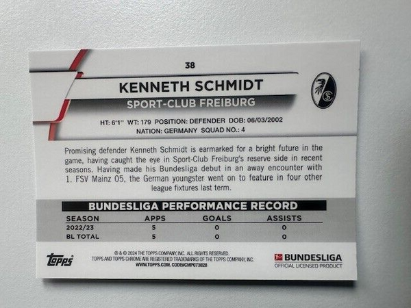 Topps Chrome Bundesliga 2023/24 Kenneth Schmidt Sport-Club Freiburg Card No 38