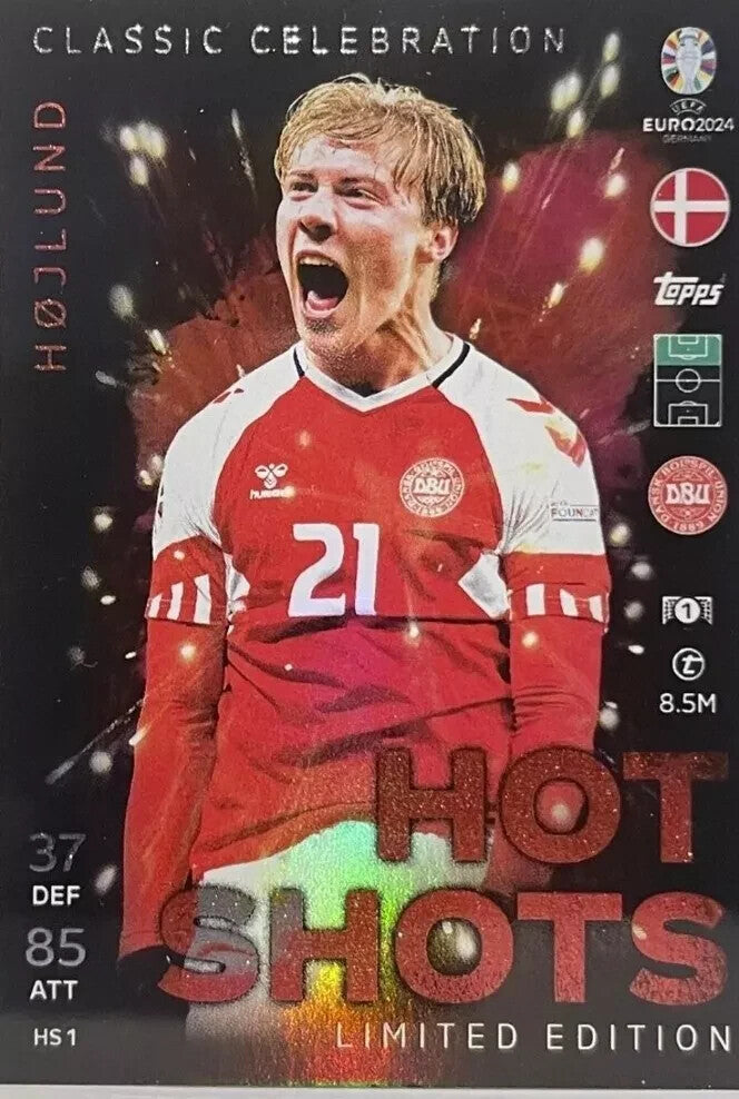 Match Attax UEFA Euro 2024 Rasmus Hojlund Hot Shots Limited Edition Topps Card