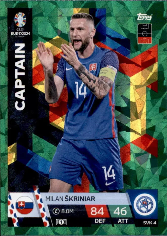 Match Attax Euro 2024 Milan Skriniar Crystal Parallel Green Captain UEFA Card