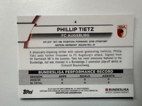 Topps Chrome Bundesliga 2023/24 Phillip Tietz FC Augsburg Card No 4