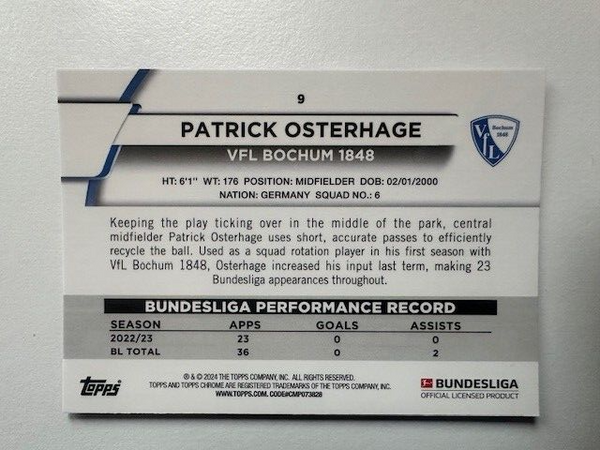 Topps Chrome Bundesliga 2023/24 Patrick Osterhage VFL Bochum Card No 9