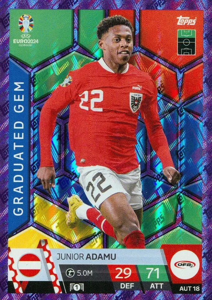 Match Attax Euro 2024 Junior Adamu Austria Crystal Parallel Purple Topps Card