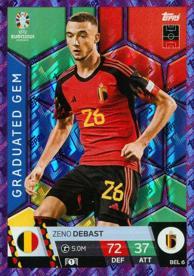 Match Attax UEFA Euro 2024 Zeno Debast Belgium Purple Sapphire Parallel Card