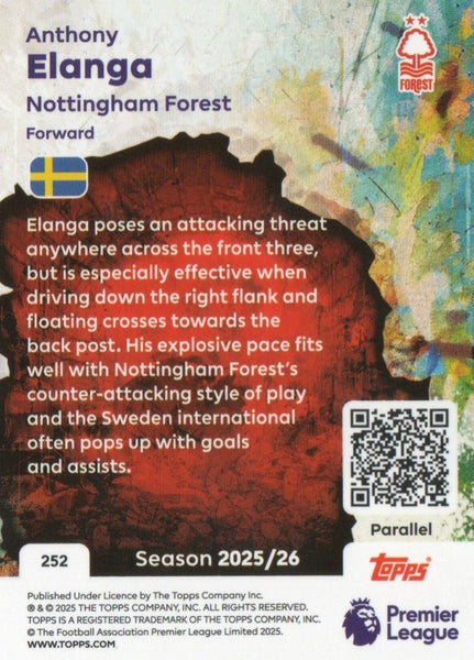 Topps Premier League 25/26 Anthony Elanga Tekkers Yellow Parallel Card /299