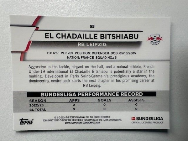 Topps Chrome Bundesliga 2023/24 El Chadaille Bitshiabu RB Leipzig Card No 55