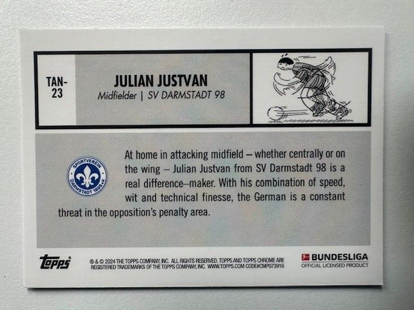 Topps Chrome Bundesliga 2023/24 Julian Justvan SV Darmstadt Card TAN-23