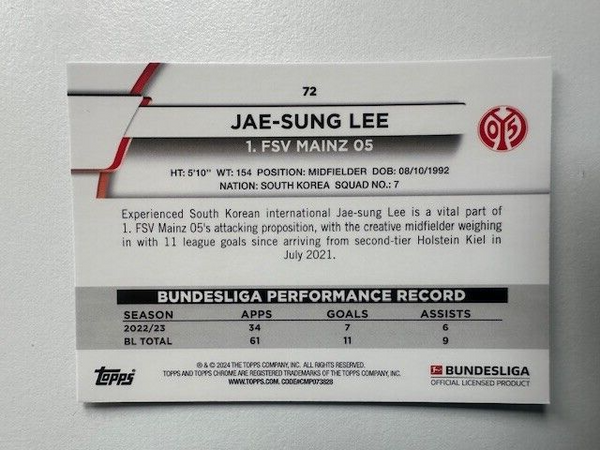 Topps Chrome Bundesliga 2023/24 Jae-Sung Lee FSV Mainz Card No 72