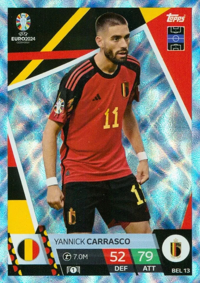 Match Attax Euro 2024 Yannick Carrasco Belgium Crystal Parallel Blue UEFA Card