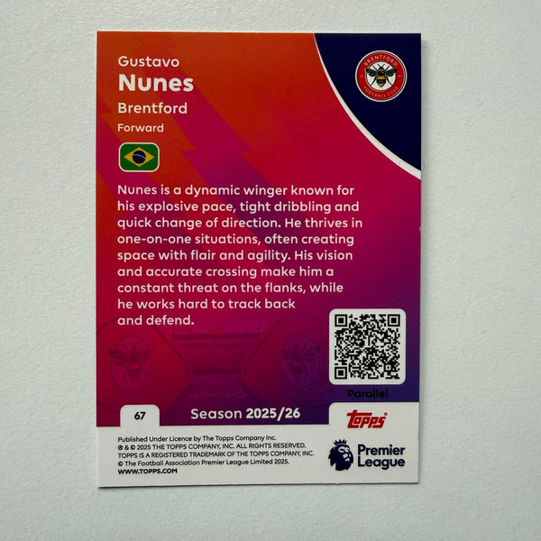 Topps Premier League 25/26 Gustavo Nunes Brentford RC Blue Parallel /150