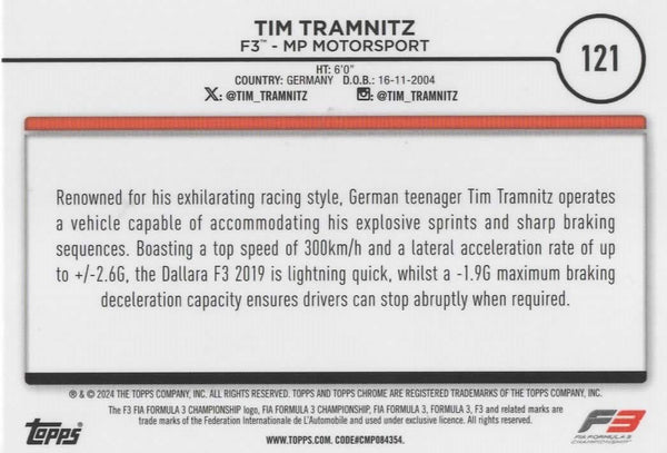 Topps Chrome Formula 1 2024 Tim Tramnitz F3 MP Motorsport Card #121