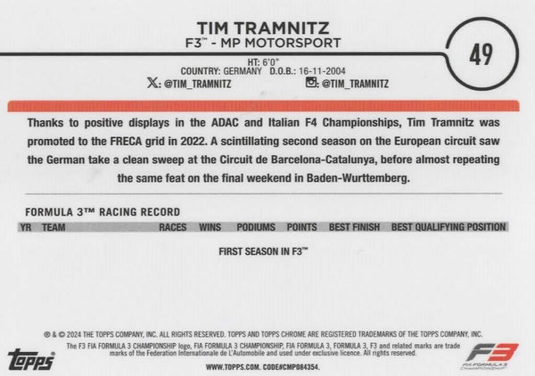Topps Chrome Formula 1 2024 Tim Tramnitz Future Stars F3 MP Motorsport Card #49