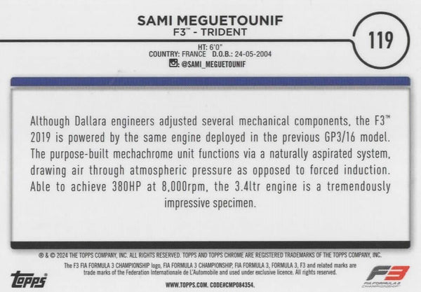 Topps Chrome Formula 1 2024 Sami Meguetounif F3 Trident Card #119