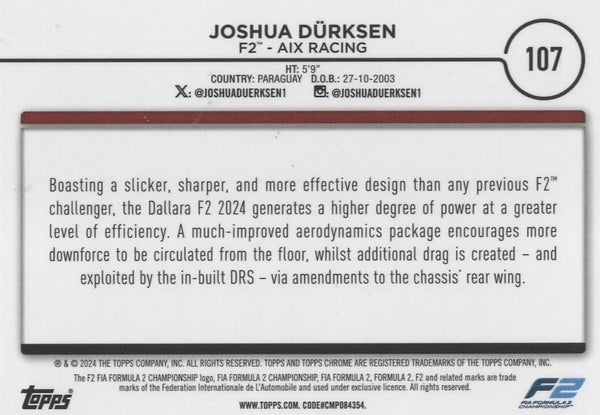 Topps Chrome Formula 1 2024 Joshua Durksen F2 Aix Racing Card