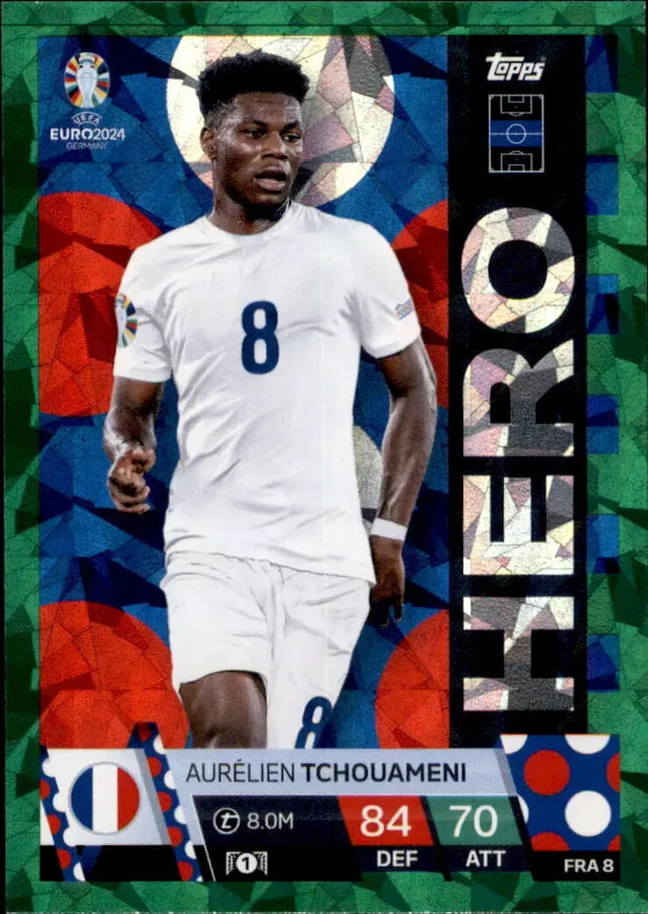 Match Attax Euro 2024 Aurelien Tchouameni Crystal Parallel Green Hero Topps Card