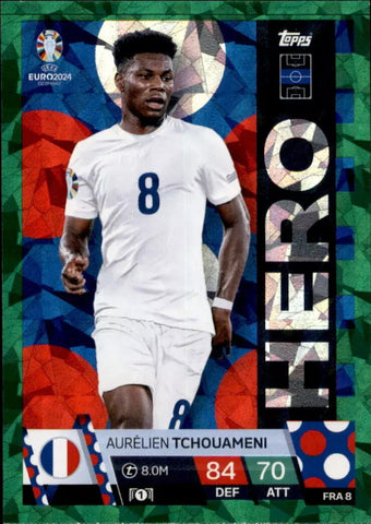 Match Attax Euro 2024 Aurelien Tchouameni Crystal Parallel Green Hero Topps Card