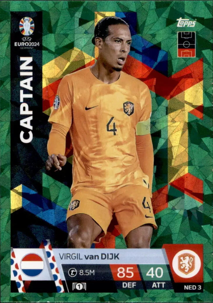 Match Attax Euro 2024 Virgil Van Dijk Crystal Parallel Green Captain UEFA Card
