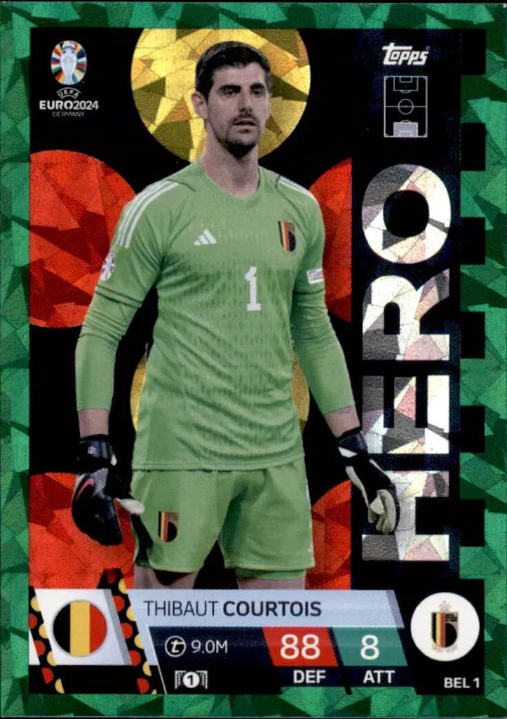 Match Attax Euro 2024 Thibaut Courtois Crystal Parallel Green Hero Topps Card
