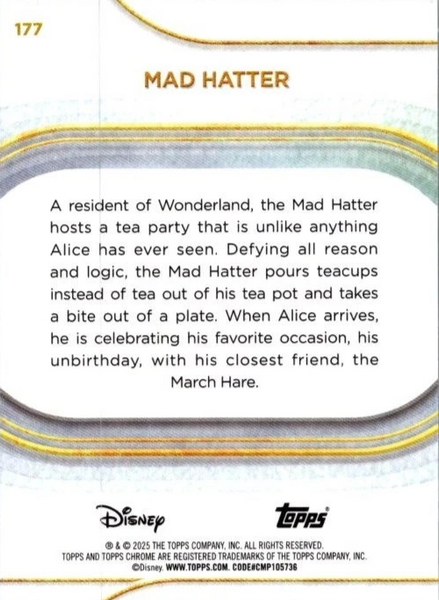 Topps Disney Chrome 2025 Mad Hatter Alice in Wonderland Base Card #177