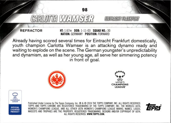 Topps Womens Chrome 2023-2024 Carlotta Wamser Champions League Card #98