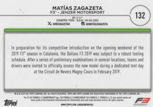 Topps Chrome Formula 1 2024 Matias Zagazeta F3 Jenzer Motorsport Card
