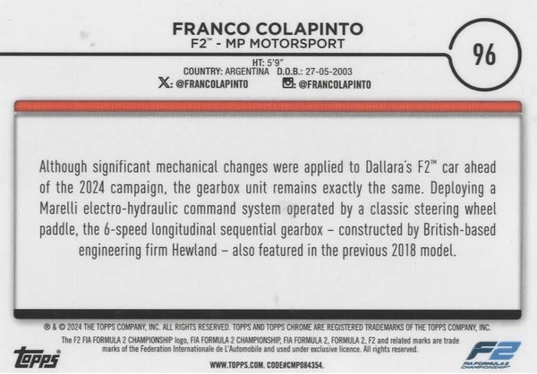 Topps Chrome Formula 1 2024 Franco Colapinto F2 MP Motorsport Card
