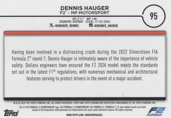 Topps Chrome Formula 1 2024 Dennis Hauger F2 MP Motorsport Card