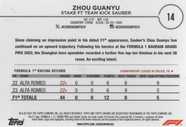 Topps Chrome Formula 1 2024 Zhou Guanyu Team Kick Sauber Parallel Card #14