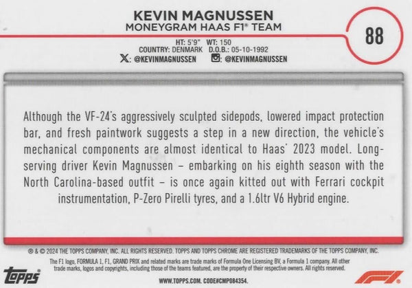 Topps Chrome Formula 1 2024 Kevin Magnussen Moneygram Haas Team Card #88