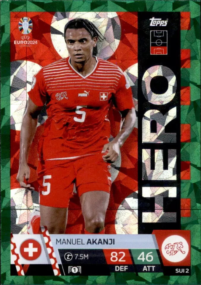 Match Attax Euro 2024 Manuel Akanji Crystal Parallel Green Hero Topps Card
