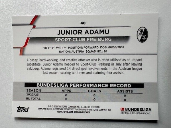 Topps Chrome Bundesliga 2023/24 Junior Adamu Sport-Club Freiburg Card No 40