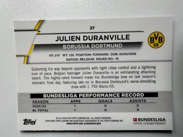Topps Chrome Bundesliga 2023/24 Julien Duranville Borussia Dortmund Card No 27