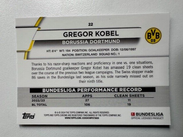 Topps Chrome Bundesliga 2023/24 Gregor Kobel Borussia Dortmund Card No 22