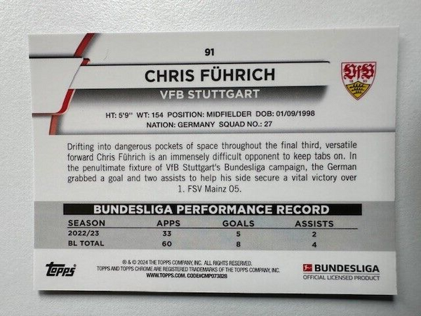 Topps Chrome Bundesliga 2023/24 Chris Fuhrich VFB Stuttgart Card No 91