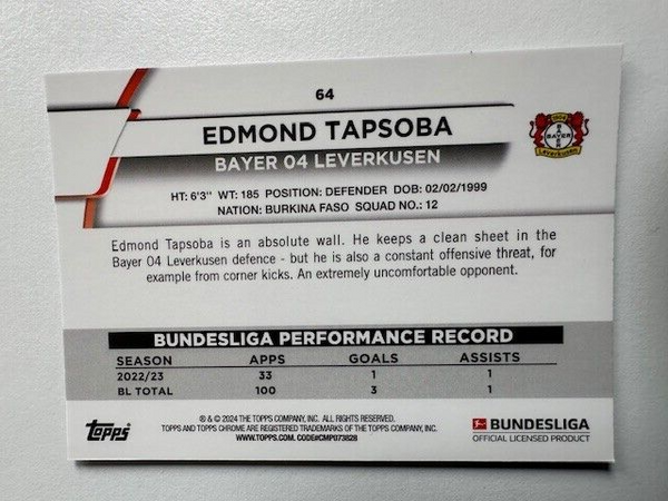 Topps Chrome Bundesliga 2023/24 Edmond Tapsoba Bayer Leverkusen Card No 64