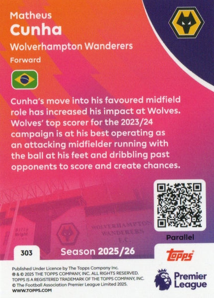 Topps Premier League 25/26 Mattheus Cunha Wolves Gold Sparkle Parallel Card /499