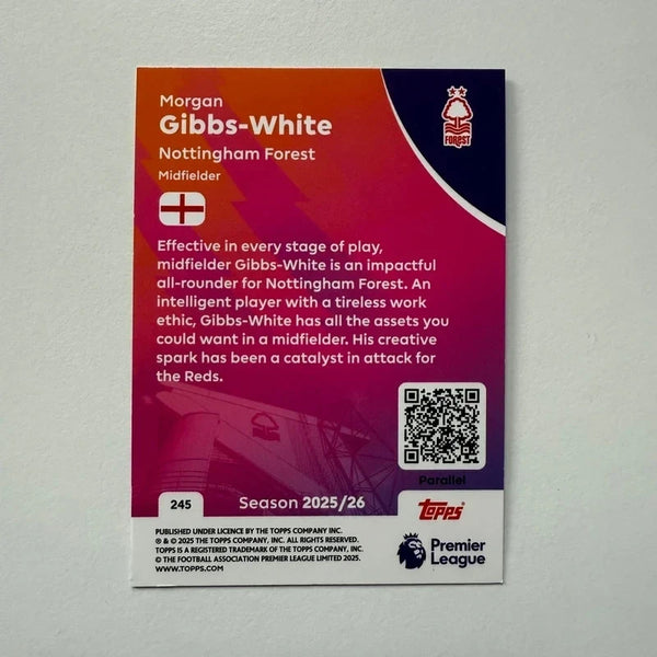 Topps Premier League 25/26 Morgan Gibbs-White Yellow Sparkle Parallel Card/299