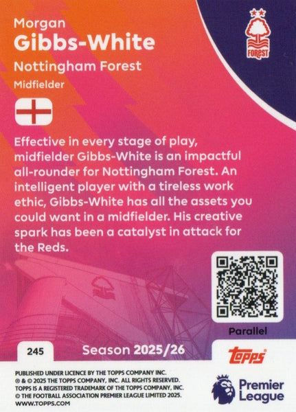 Topps Premier League 25/26 Morgan Gibbs-White Yellow Sparkle Parallel Card/299
