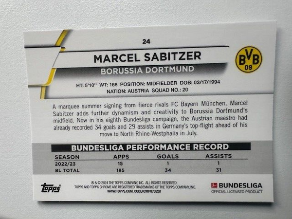 Topps Chrome Bundesliga 2023/24 Marcel Sabitzer Borussia Dortmand Card No 24