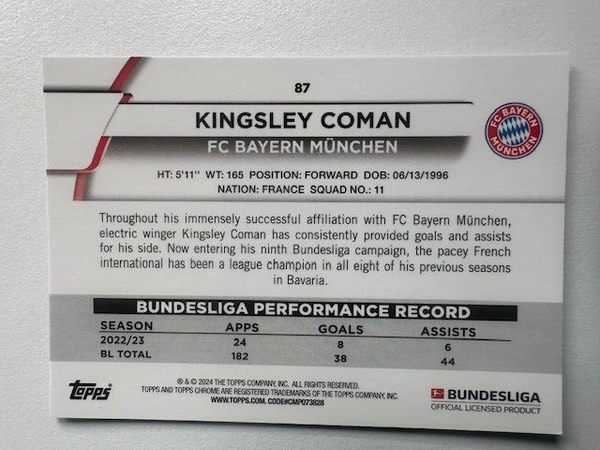 Topps Chrome Bundesliga 2023/24 Kingsley Coman Bayern Munich Card No 87
