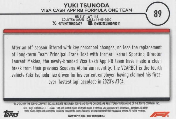 Topps Chrome Formula 1 2024 Yuki Tsunoda Visa Cash App RB Formula One Team #89