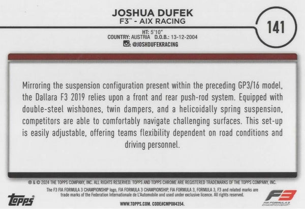 Topps Chrome Formula 1 2024 Joshua Dufek F3 Aix Racing Card #141