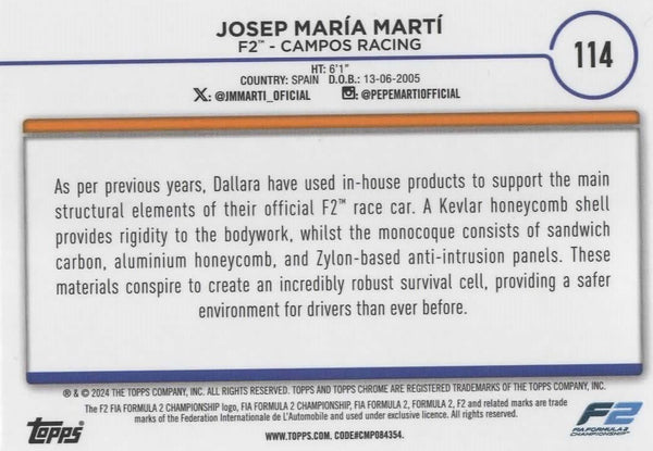 Topps Chrome Formula 1 2024 Maria Marti  F2 Camos Racing Card #114