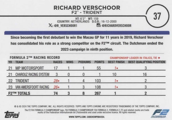Topps Chrome Formula 1 2024 Richard Verschoor F2 Future Stars Card #37