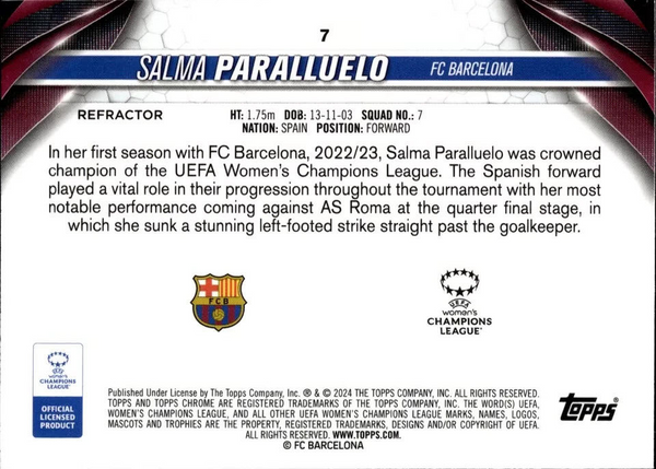 Topps Womens Chrome 2023-2024 Salma Paralluelo Barcelona Card #7